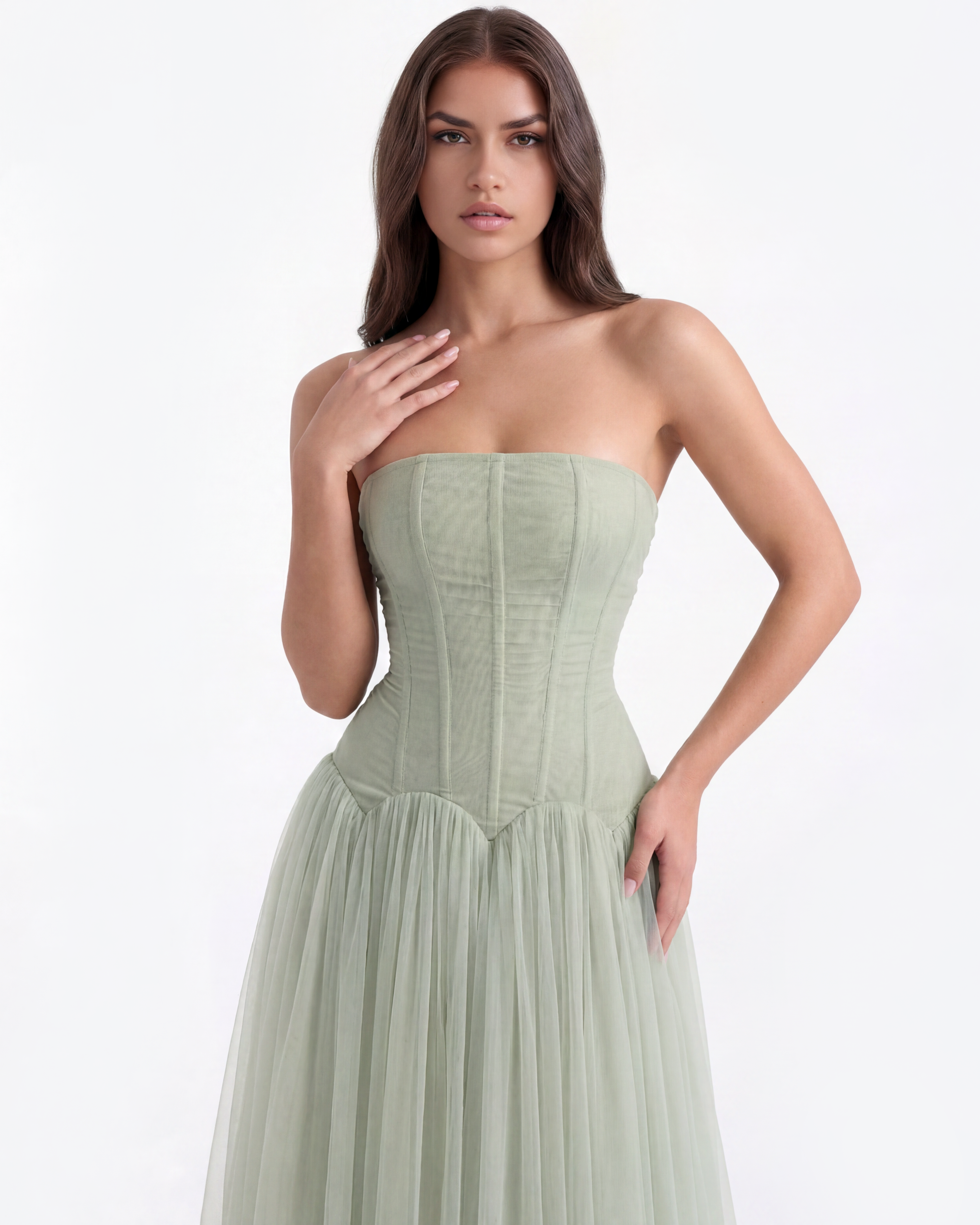 Vestido largo palabra de honor con corsé Noor Laurent