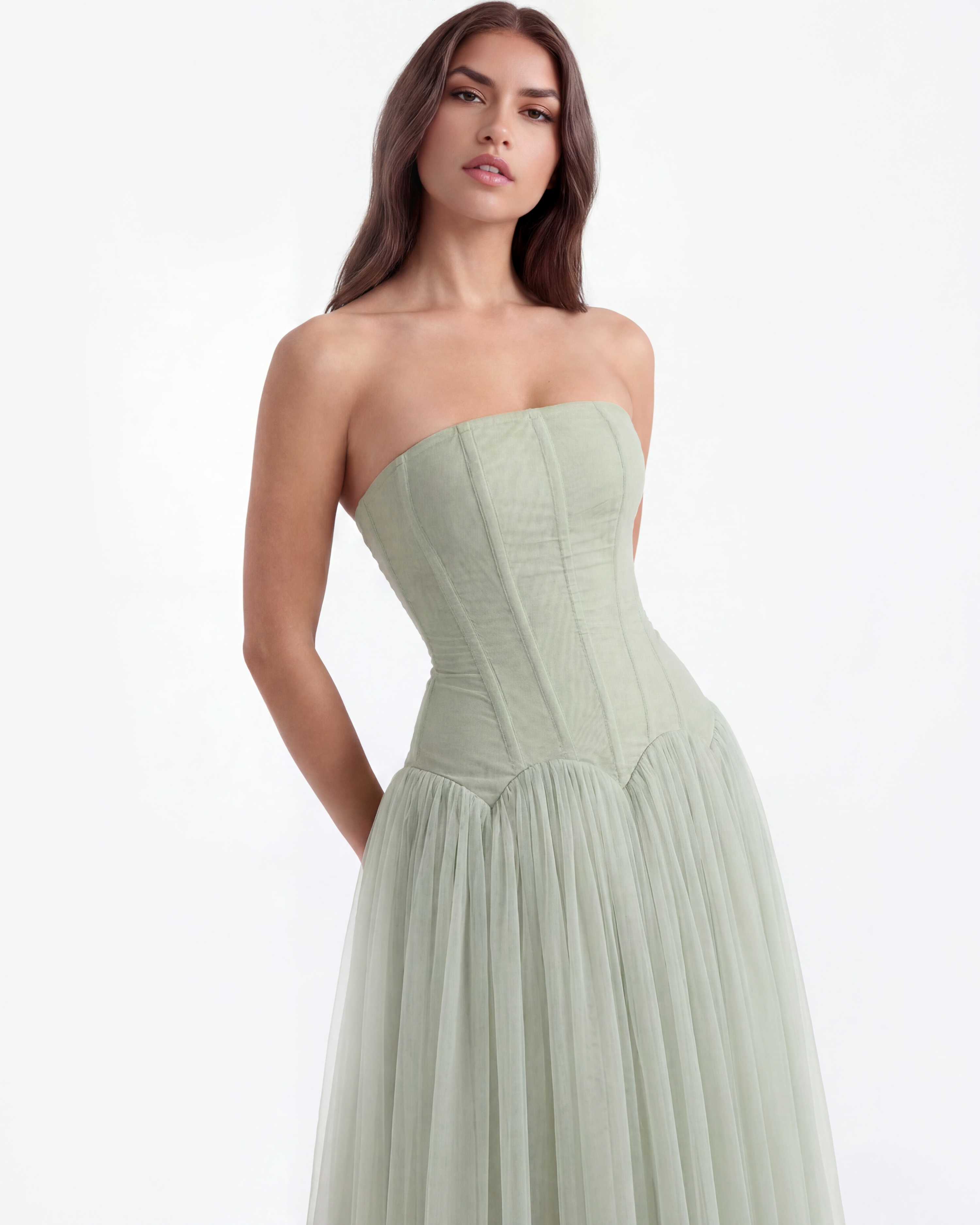 Vestido largo palabra de honor con corsé Noor Laurent