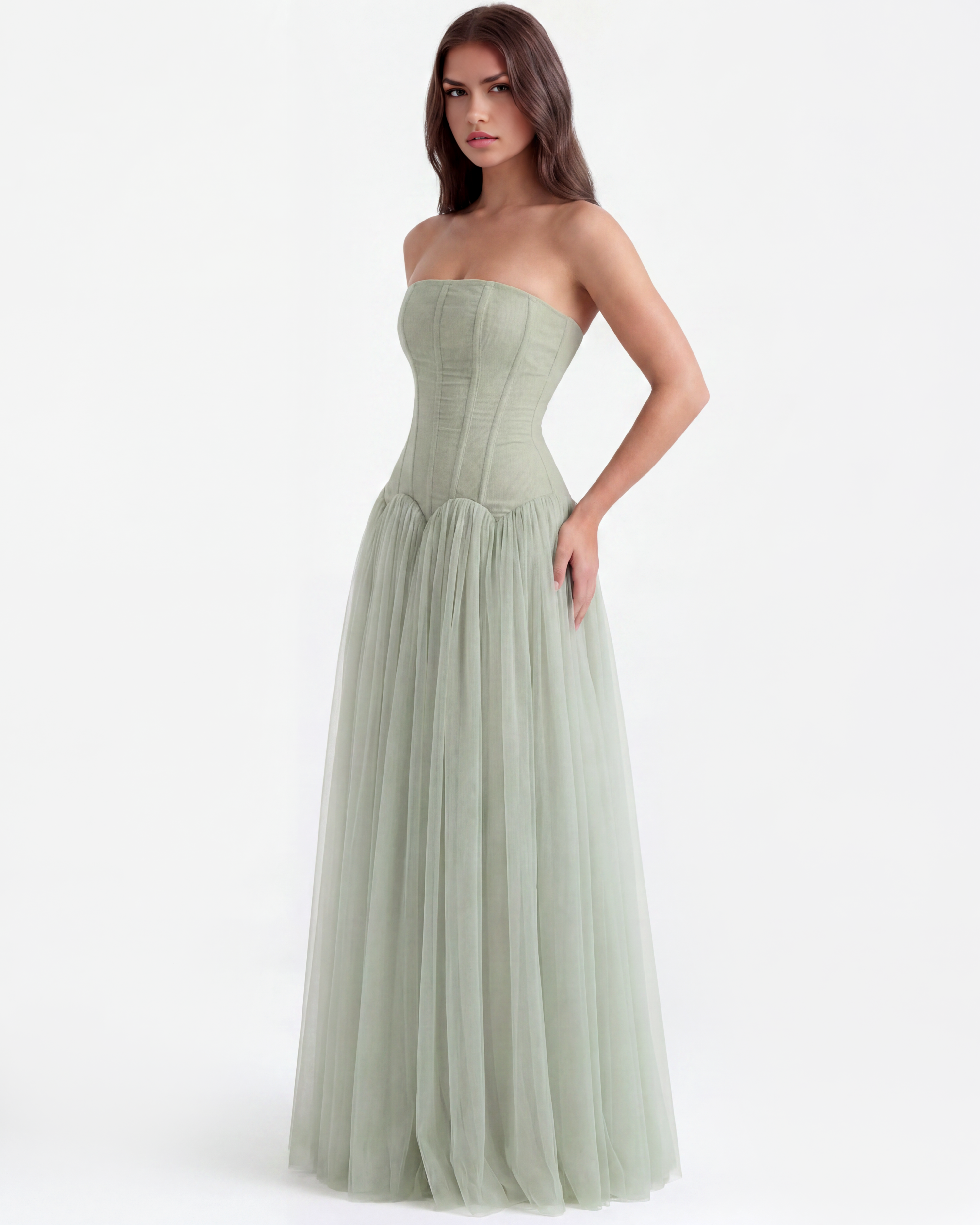 Vestido largo palabra de honor con corsé Noor Laurent