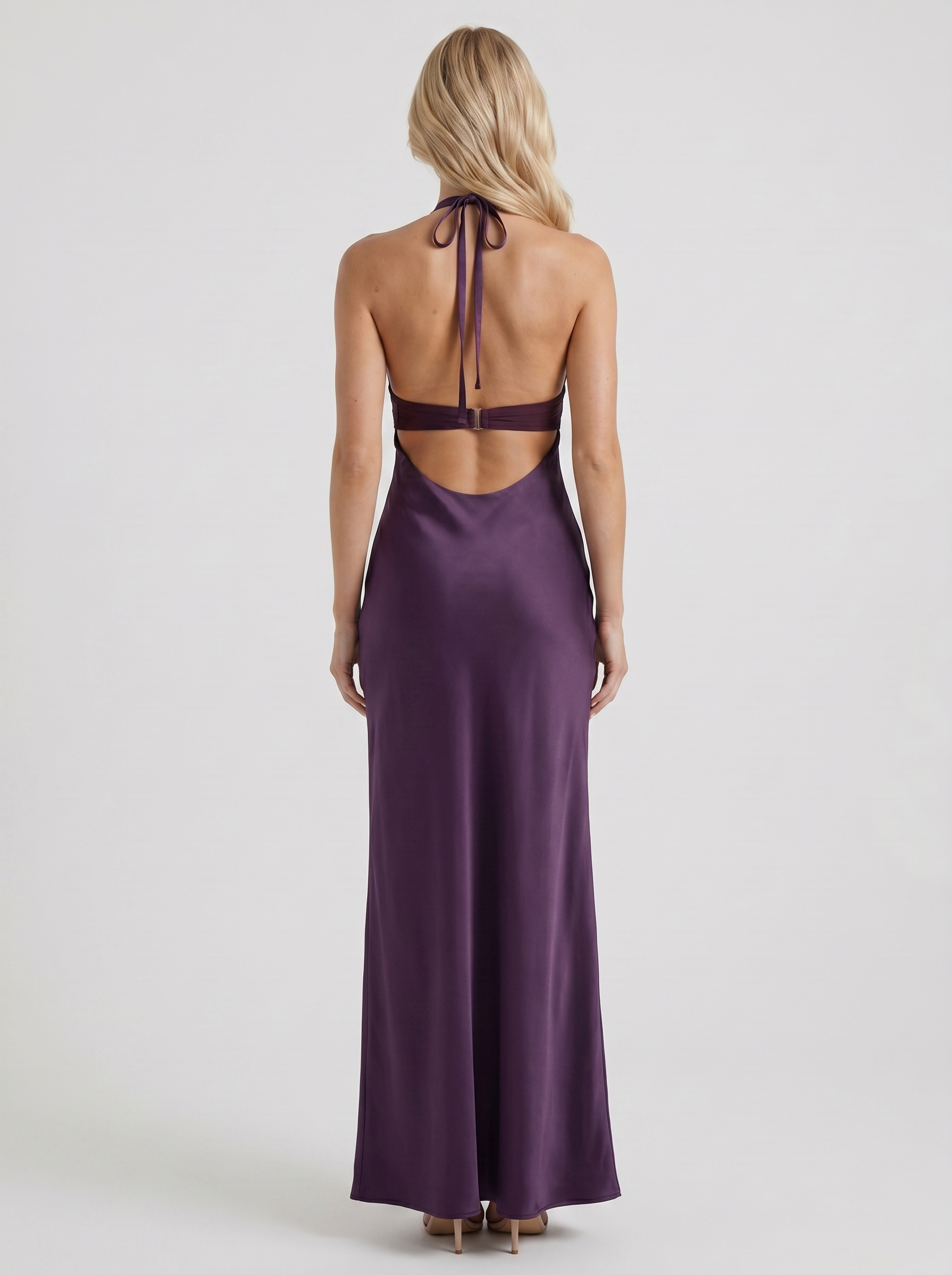 Saskia Halter V Plunge Satin Bodycon Maxi Dress - Purple Noor Laurent
