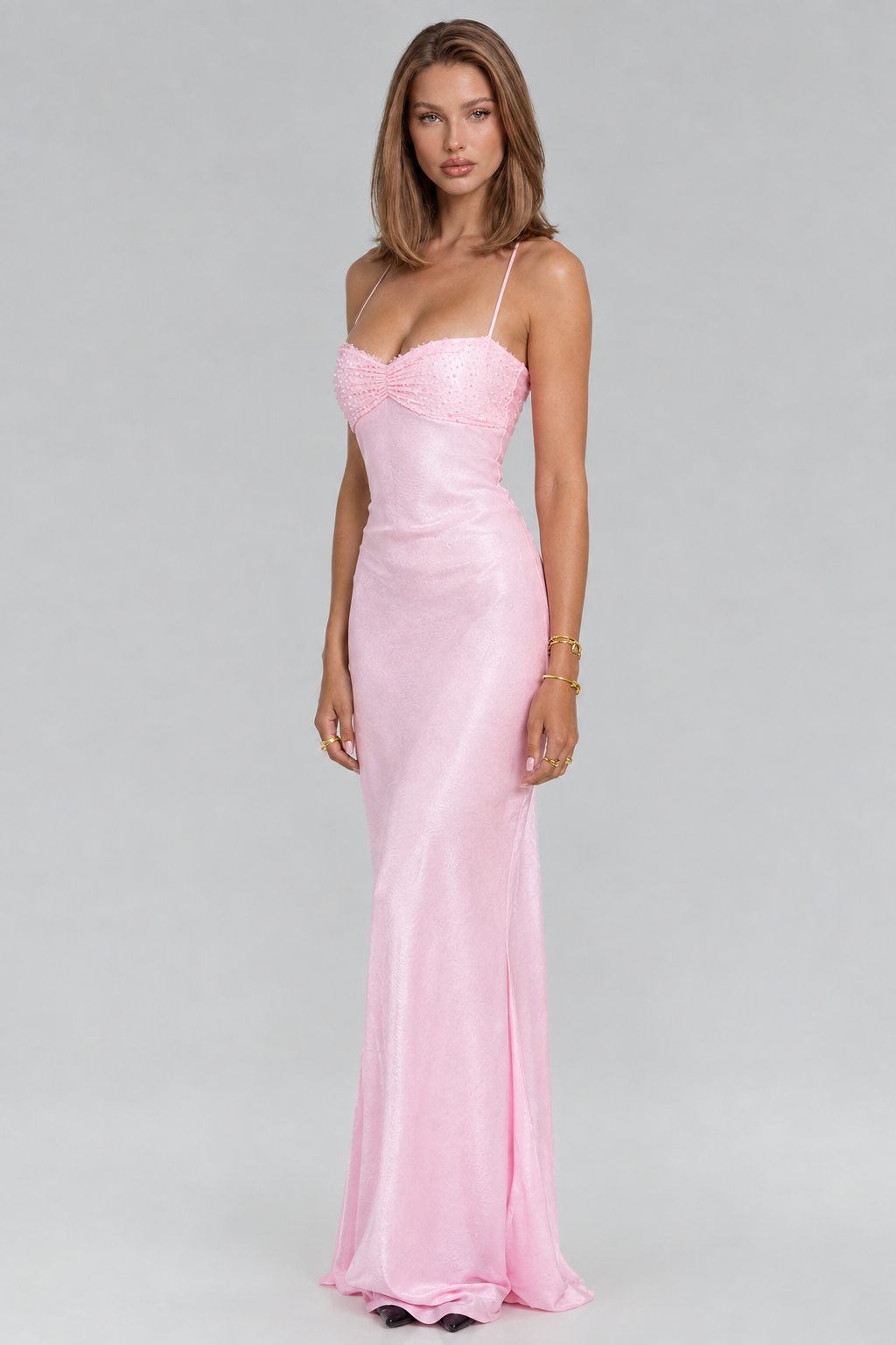 Sequin Satin Dress with Lace-Up Back Audrey Calvero