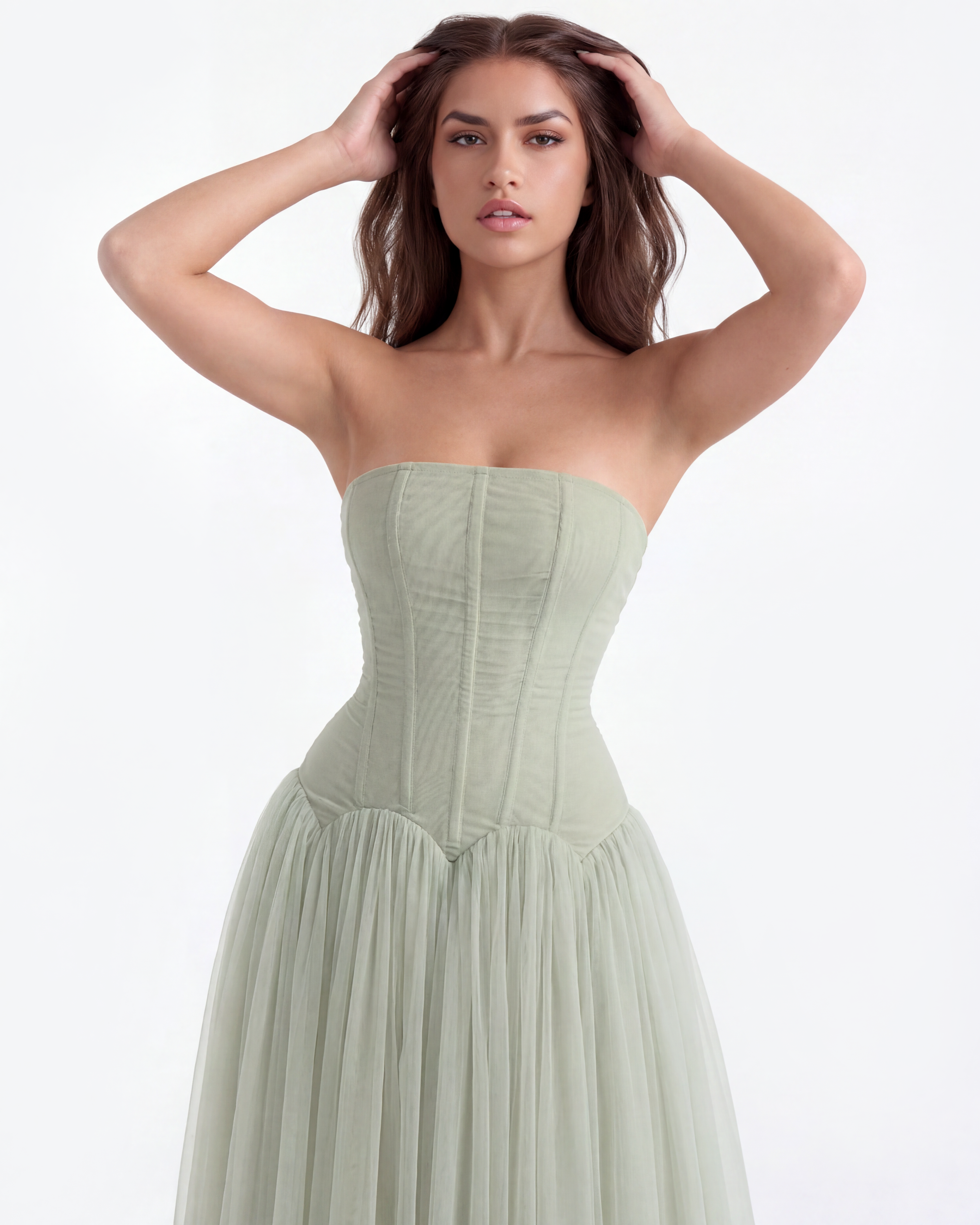 Vestido largo palabra de honor con corsé Noor Laurent