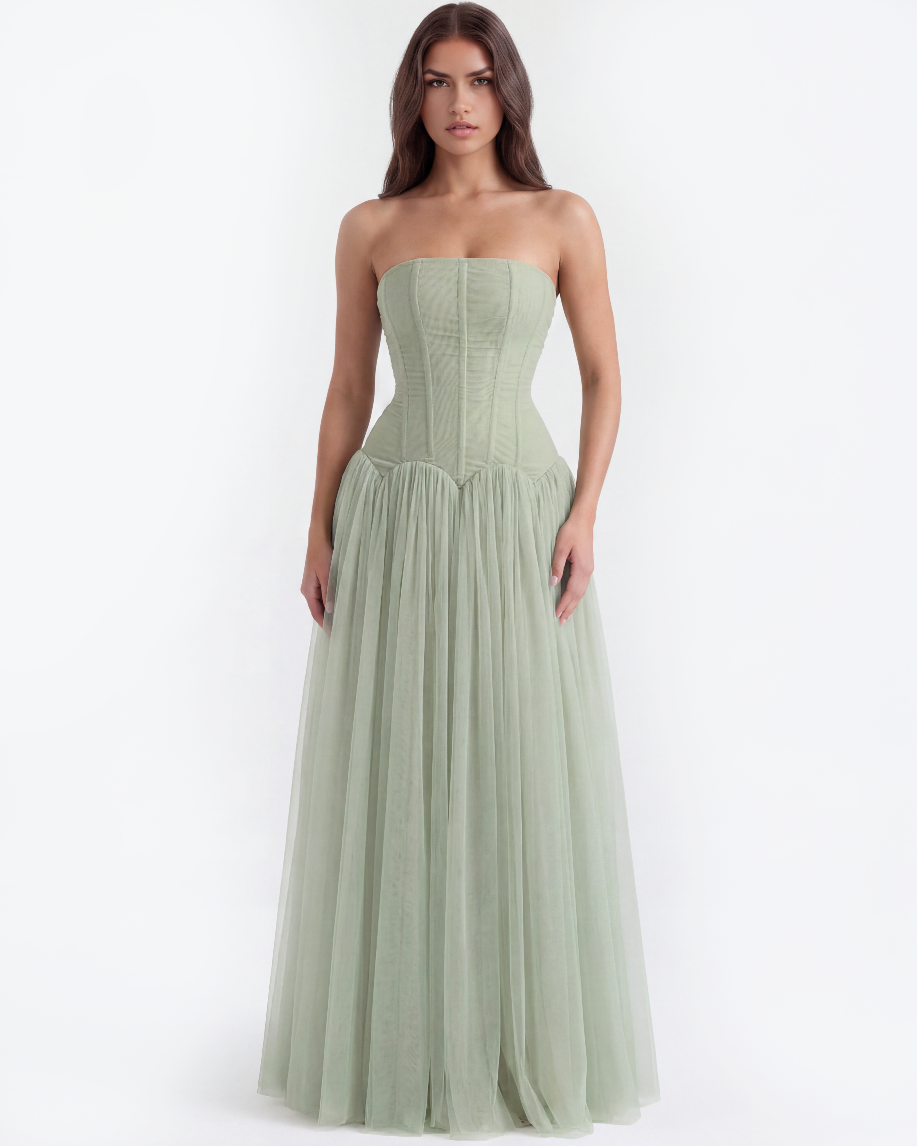 Vestido largo palabra de honor con corsé Noor Laurent