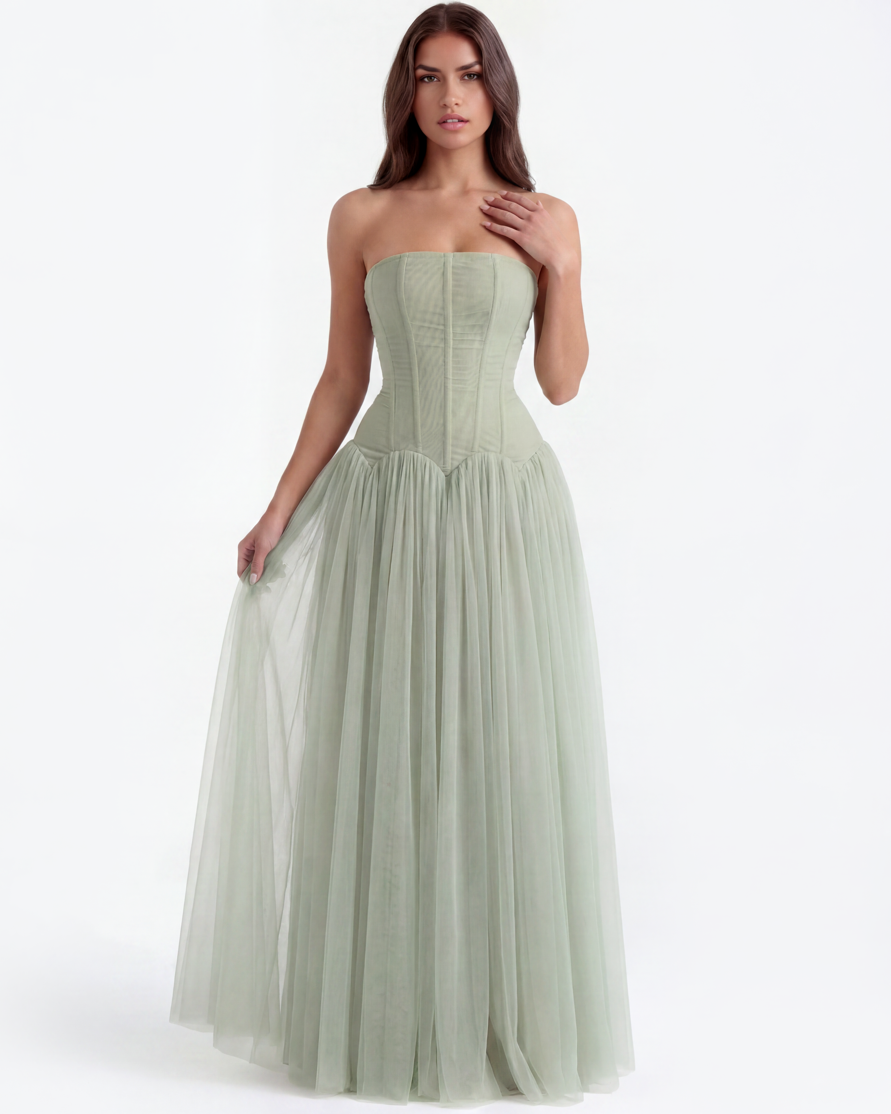 Vestido largo palabra de honor con corsé Noor Laurent