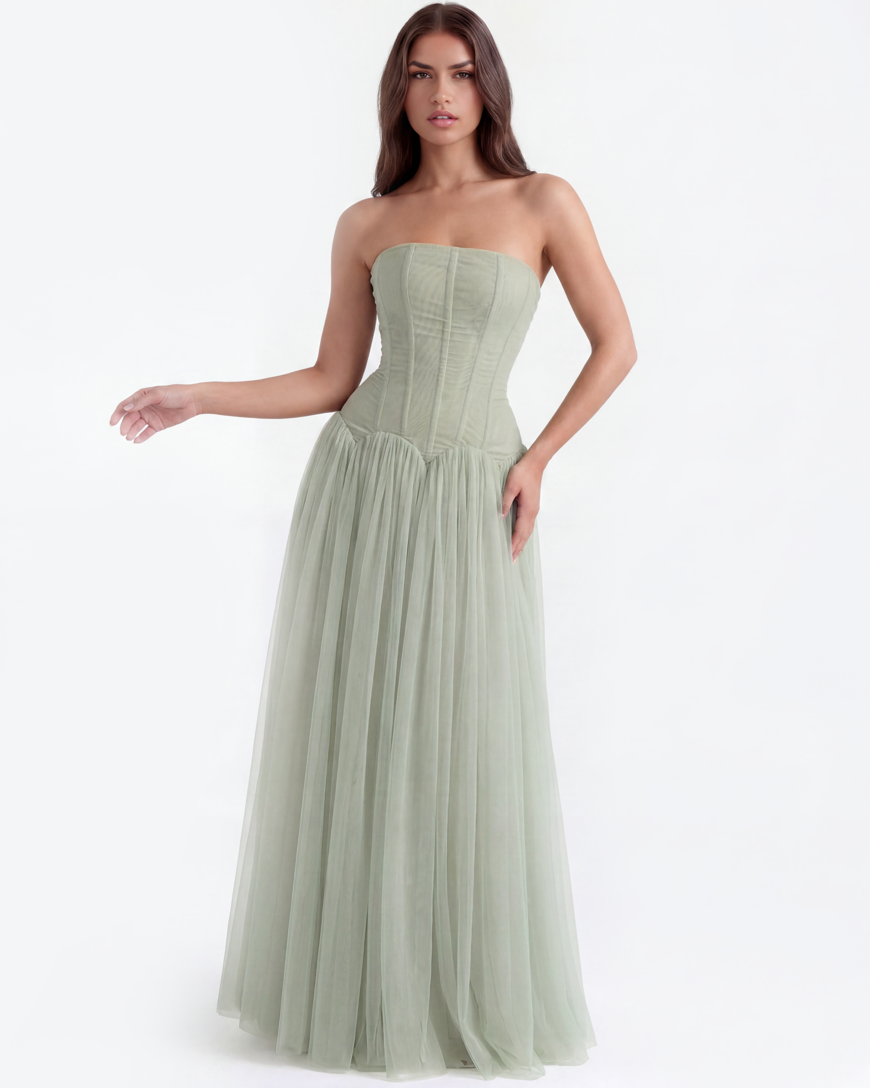 Vestido largo palabra de honor con corsé Noor Laurent