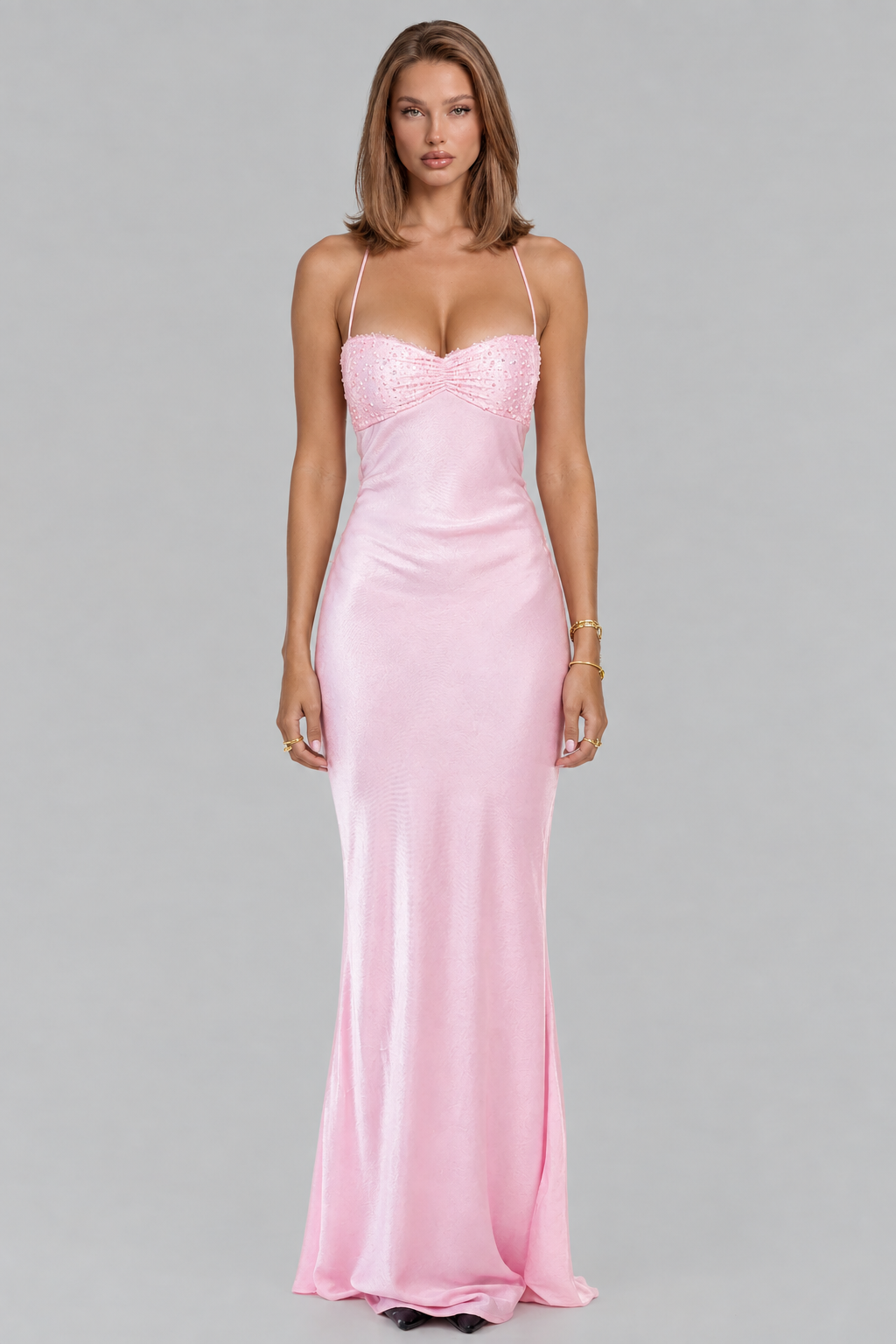 Sequin Satin Dress with Lace-Up Back Audrey Calvero