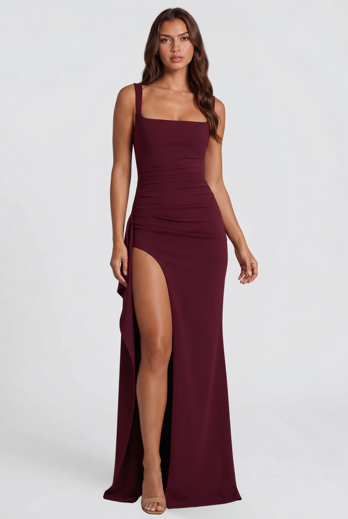 Square Neck Wedding Guest Dress with Ruffle Slit Audrey Calvero
