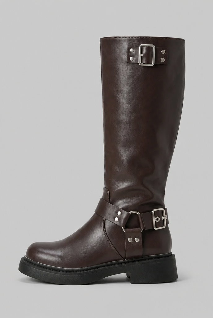 Knee-High Buckle Biker Boots Audrey Calvero