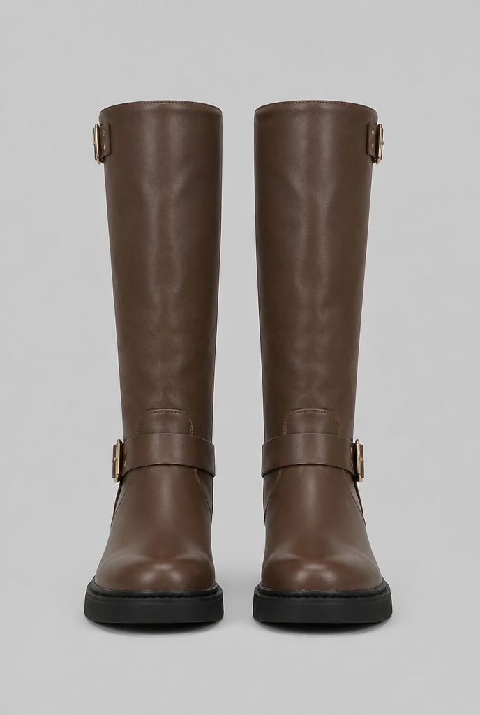 Knee-High Buckle Biker Boots Audrey Calvero
