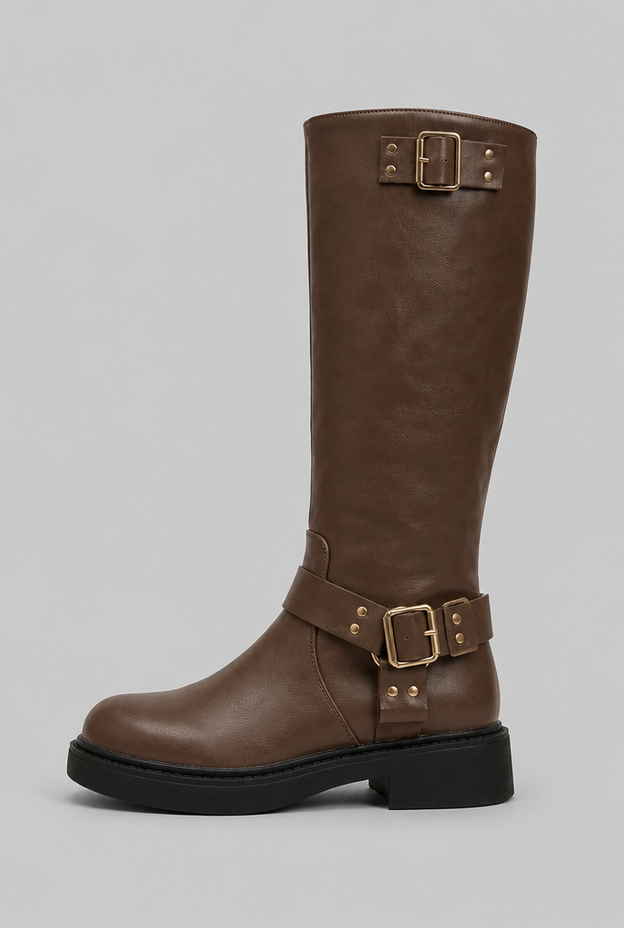 Knee-High Buckle Biker Boots Audrey Calvero
