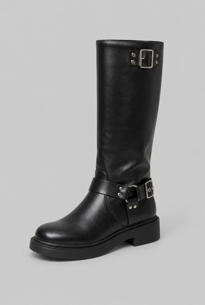 Knee-High Buckle Biker Boots Audrey Calvero