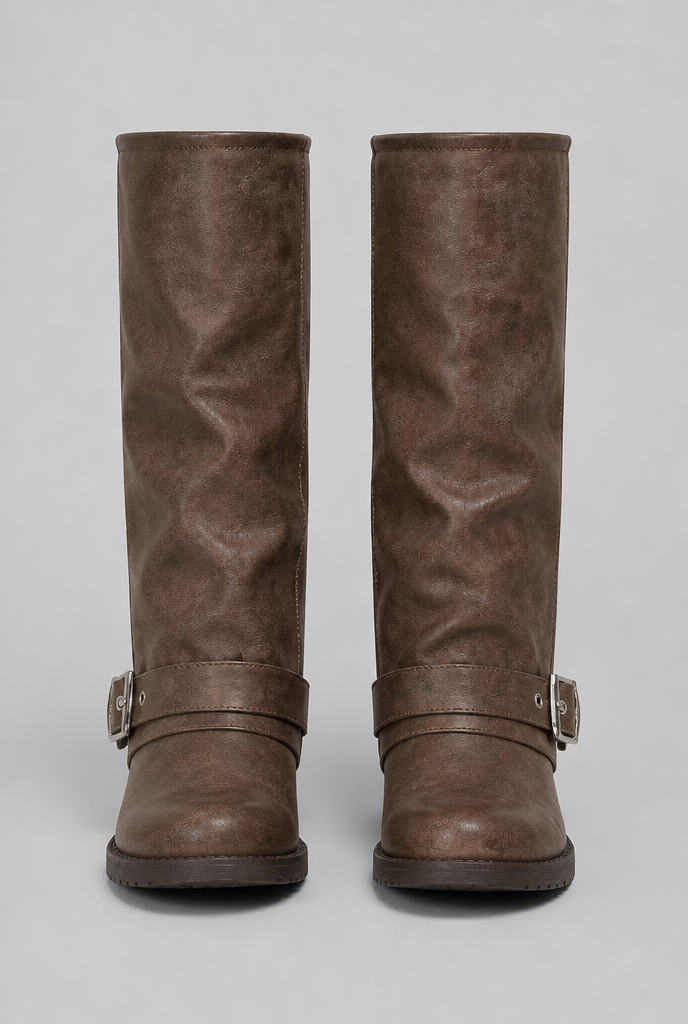 Slouchy Buckle Strap Knee-High Boots Audrey Calvero