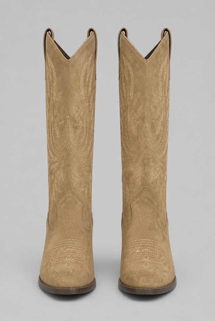 Suede Embroidered Western Block Heel Knee High Boots Audrey Calvero