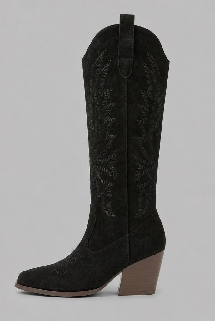Suede Embroidered Western Block Heel Knee High Boots Audrey Calvero