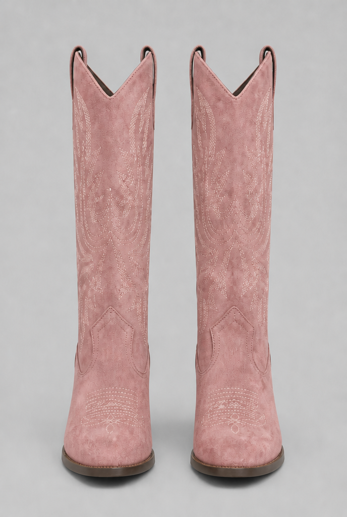 Suede Embroidered Western Block Heel Knee High Boots Audrey Calvero