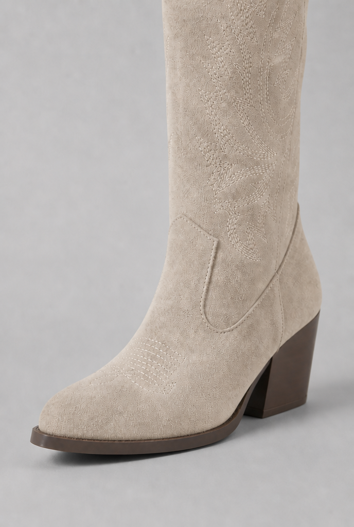 Suede Embroidered Western Block Heel Knee High Boots Audrey Calvero