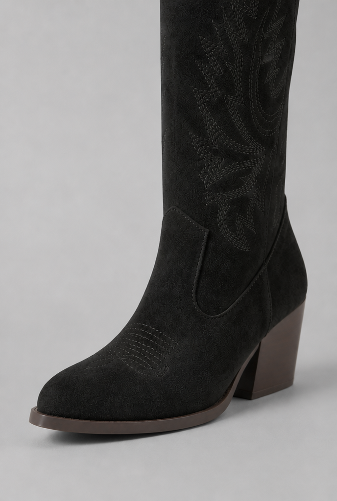 Suede Embroidered Western Block Heel Knee High Boots Audrey Calvero