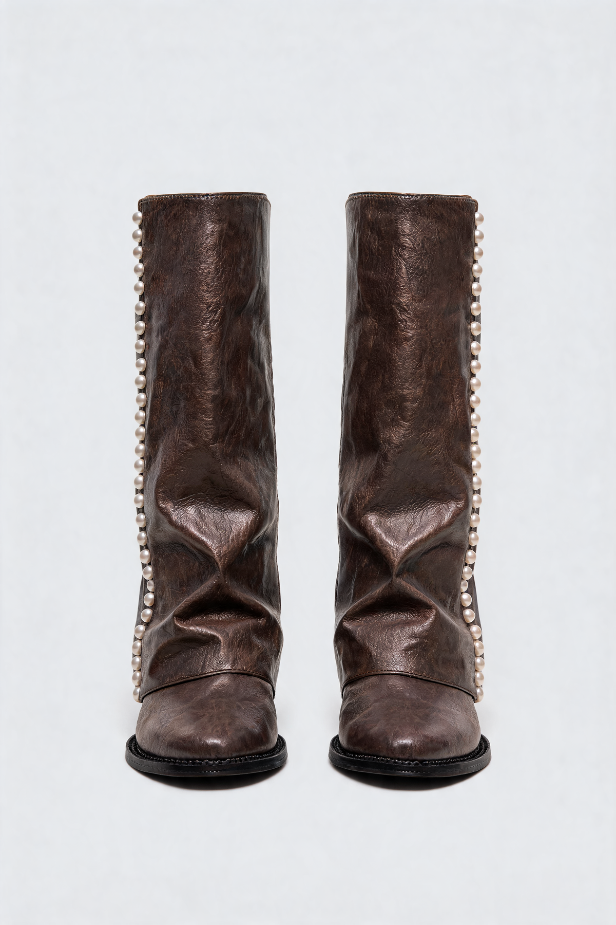 Pearl Trim Knee High Leather Boots Audrey Calvero