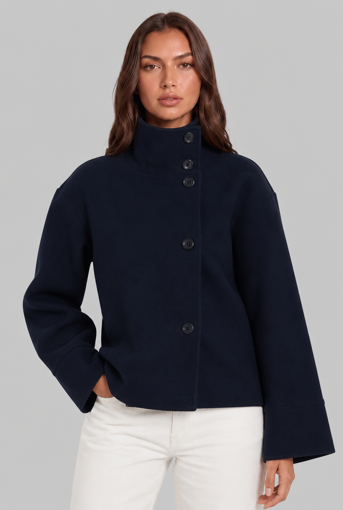 Cropped Wool Jacket with Funnel Neck Collar Audrey Calvero