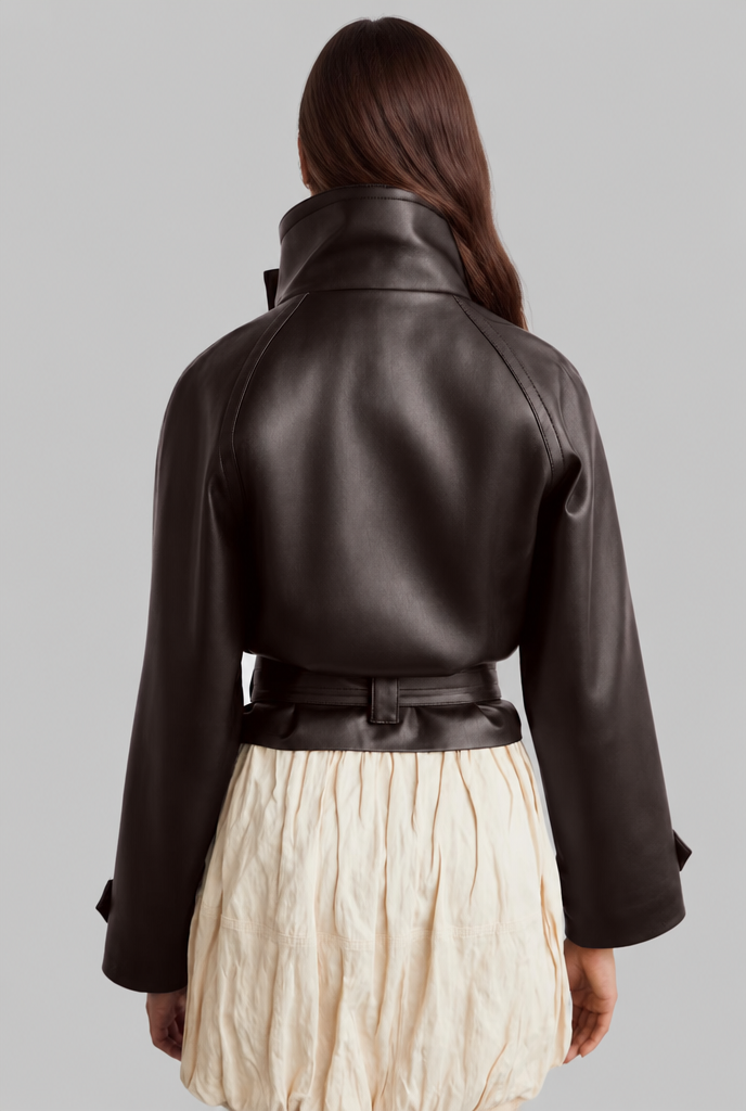 Cropped Leather Jacket with Belt Audrey Calvero