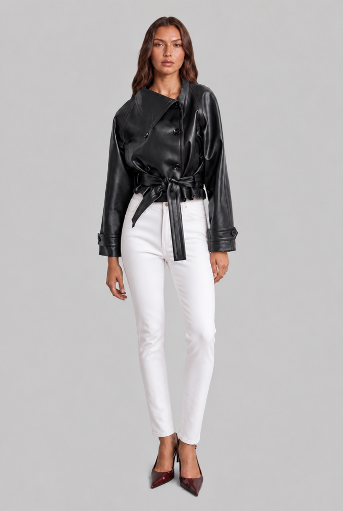 Cropped Leather Jacket with Belt Audrey Calvero