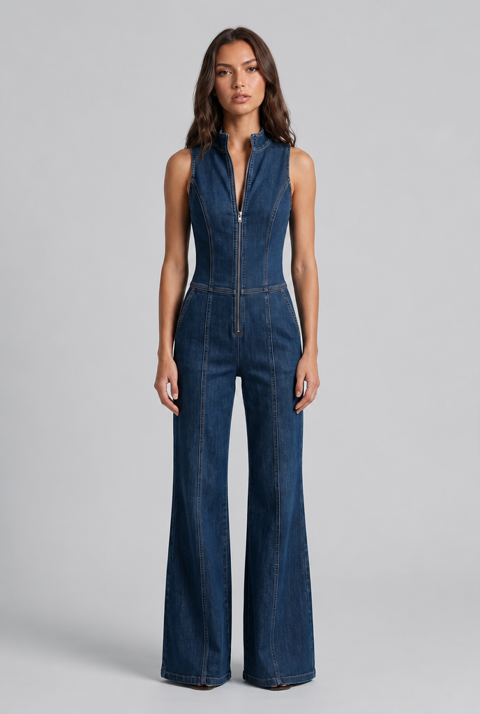 Zip Front Denim Jumpsuit Audrey Calvero