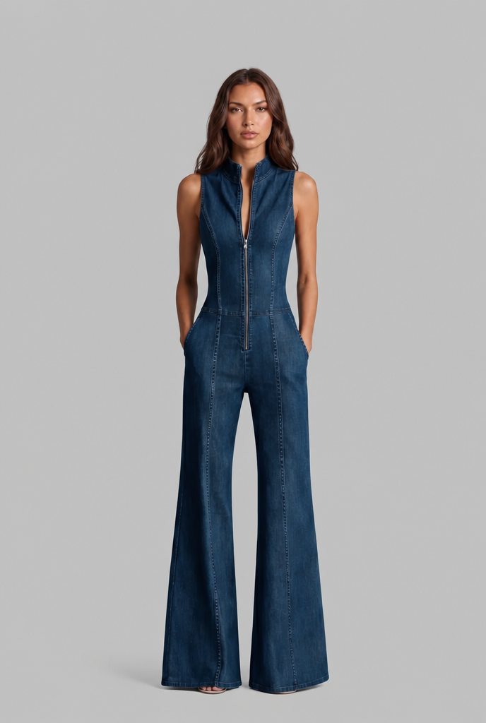 Zip Front Denim Jumpsuit Audrey Calvero