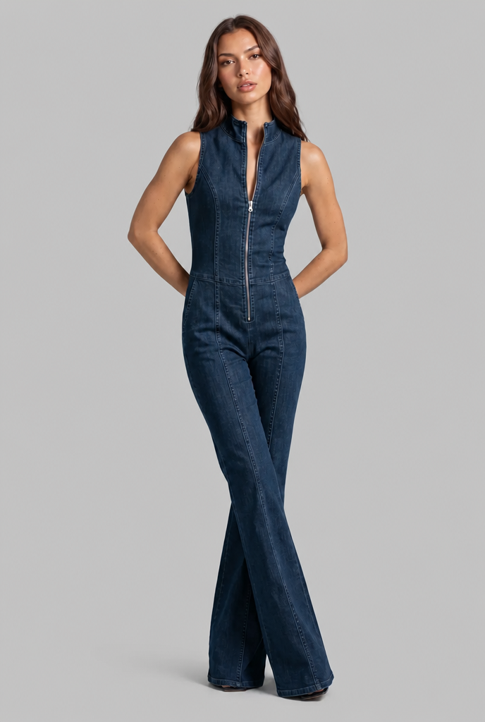 Zip Front Denim Jumpsuit Audrey Calvero