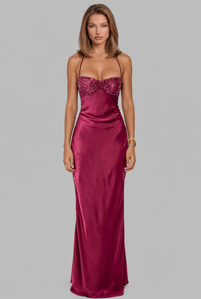 Sequin Satin Dress with Lace-Up Back Audrey Calvero