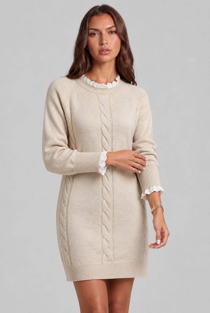 Cable Knit Lace Trim Mini Dress Audrey Calvero