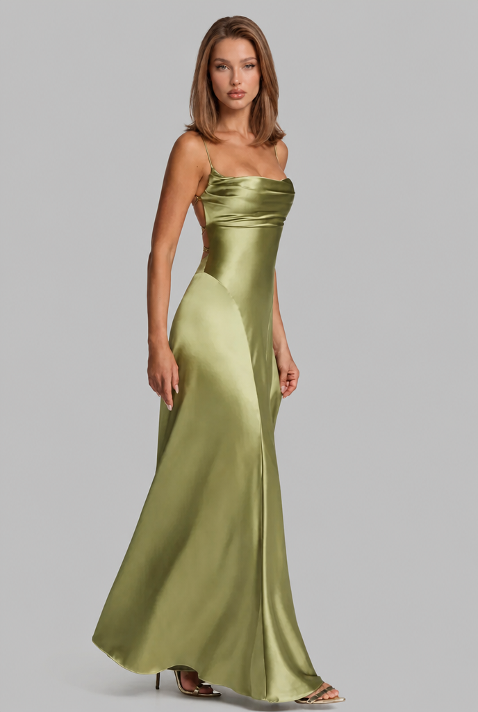 Bella Satin Lace Up Maxi Dress Audrey Calvero
