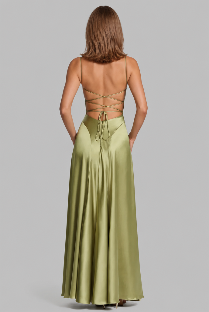 Bella Satin Lace Up Maxi Dress Audrey Calvero