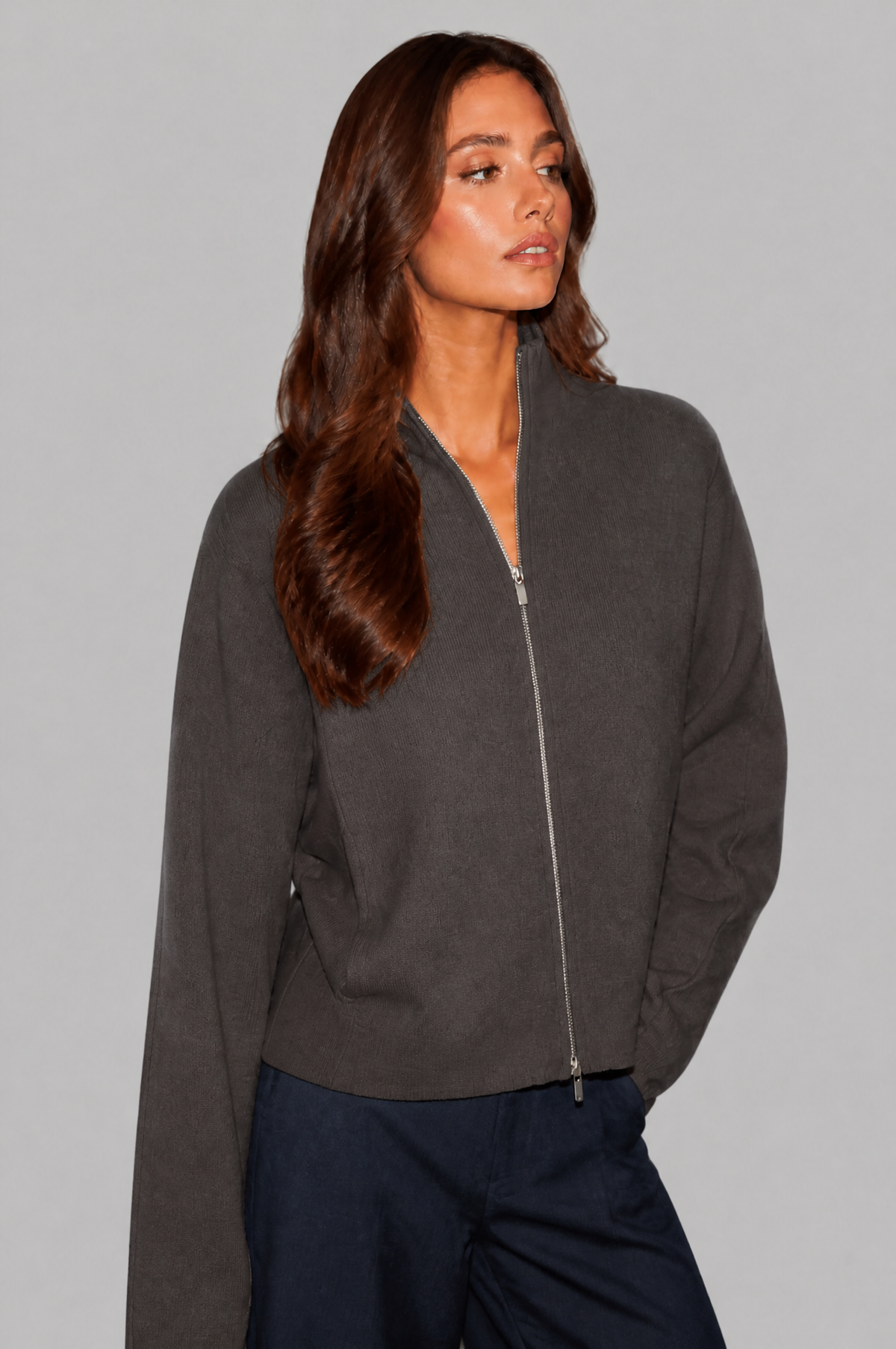 Zip Through Knit Cardigan with Funnel Neck Audrey Calvero