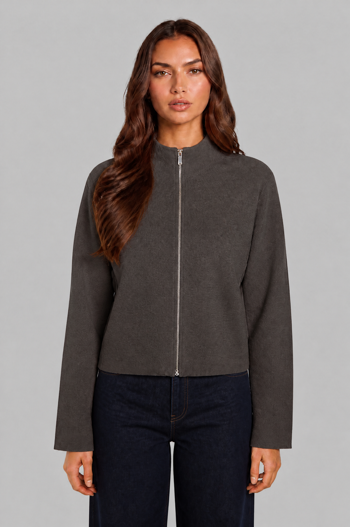 Zip Through Knit Cardigan with Funnel Neck Audrey Calvero