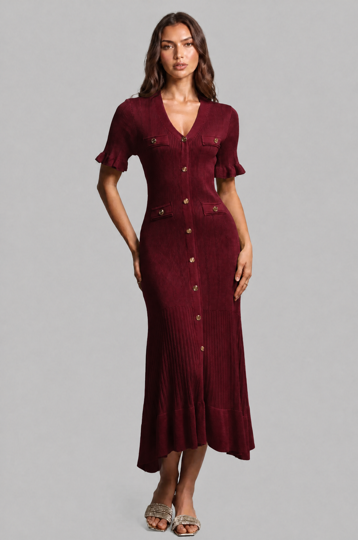 Ribbed Knit Midi Dress with Gold Buttons Audrey Calvero