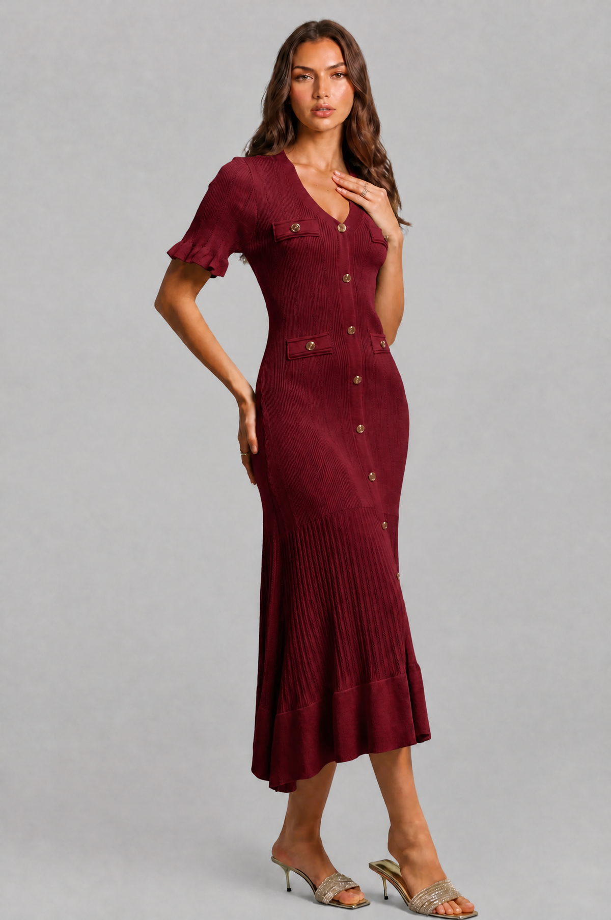 Ribbed Knit Midi Dress with Gold Buttons Audrey Calvero