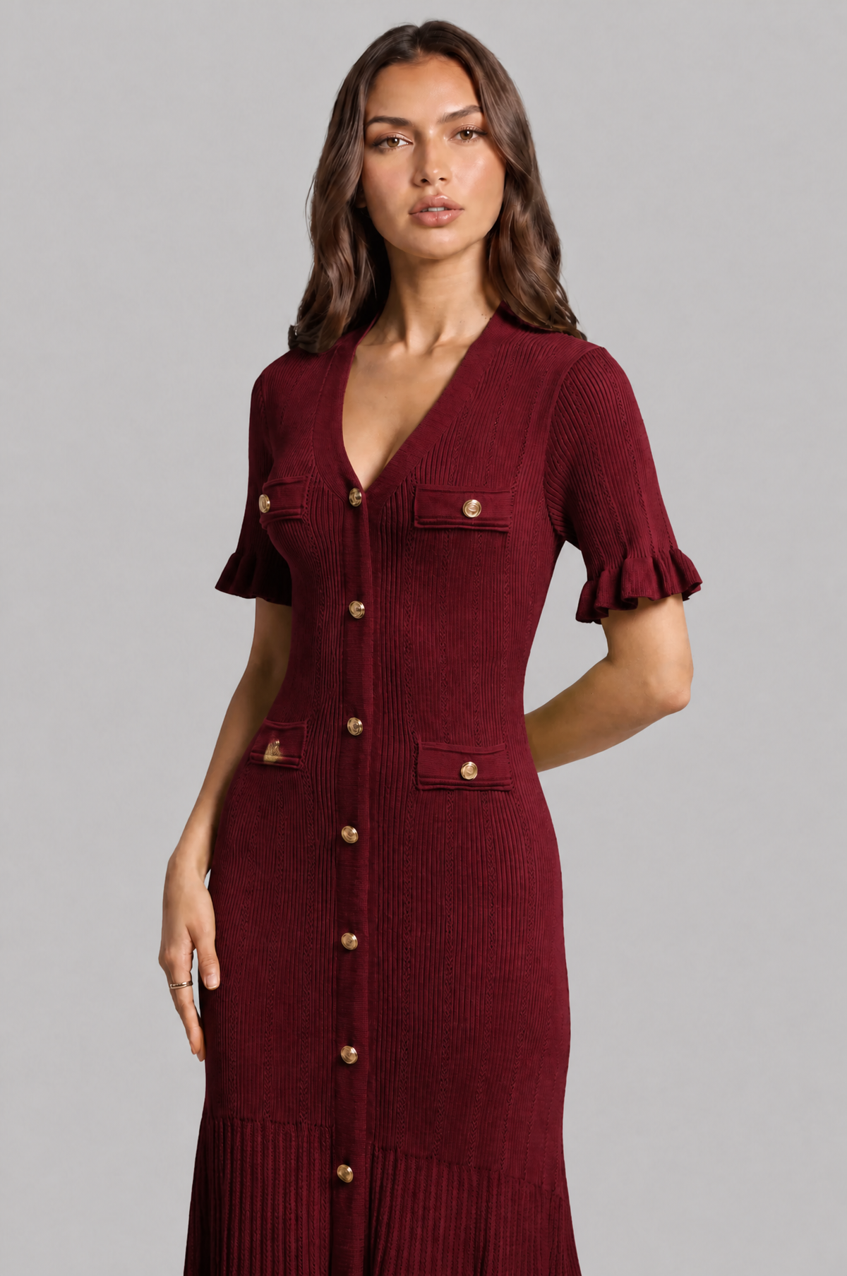 Ribbed Knit Midi Dress with Gold Buttons Audrey Calvero