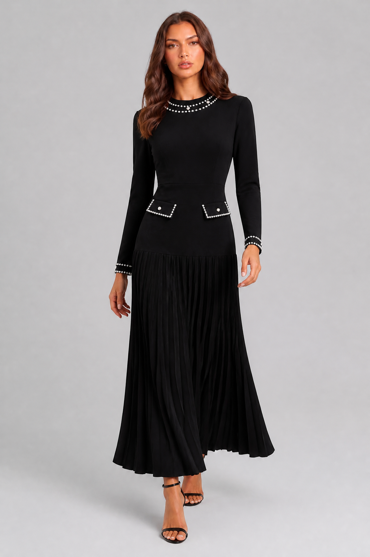 Pearl Trim Pleated Maxi Dress Audrey Calvero