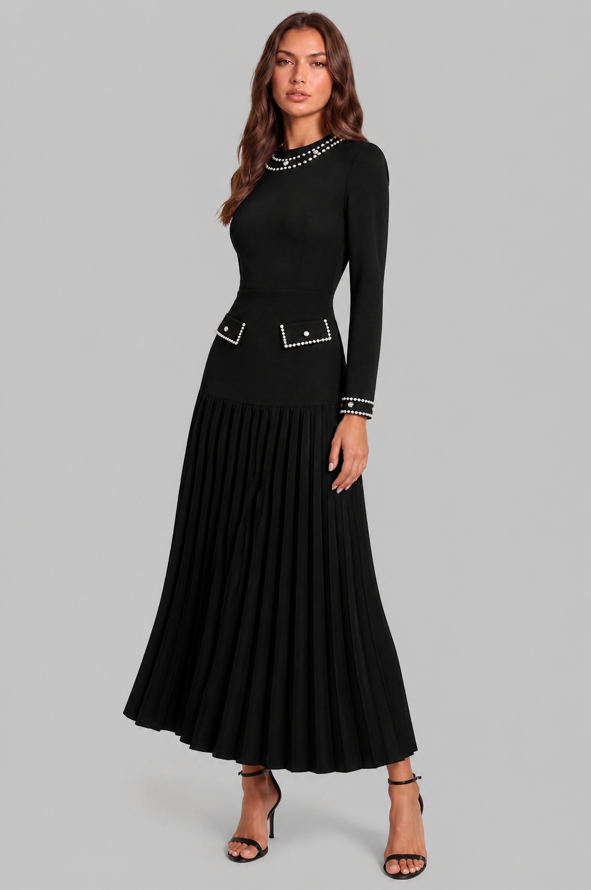 Pearl Trim Pleated Maxi Dress Audrey Calvero