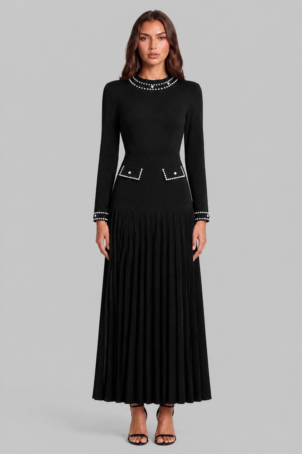 Pearl Trim Pleated Maxi Dress Audrey Calvero