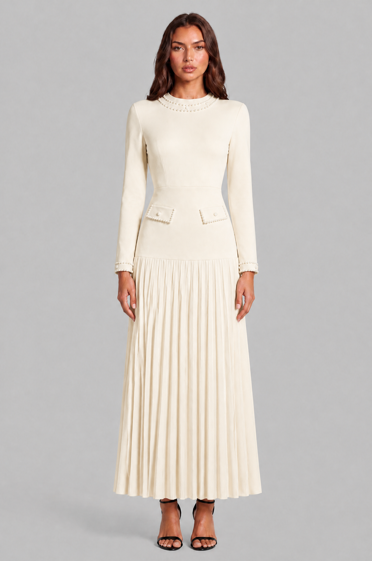 Pearl Trim Pleated Maxi Dress Audrey Calvero