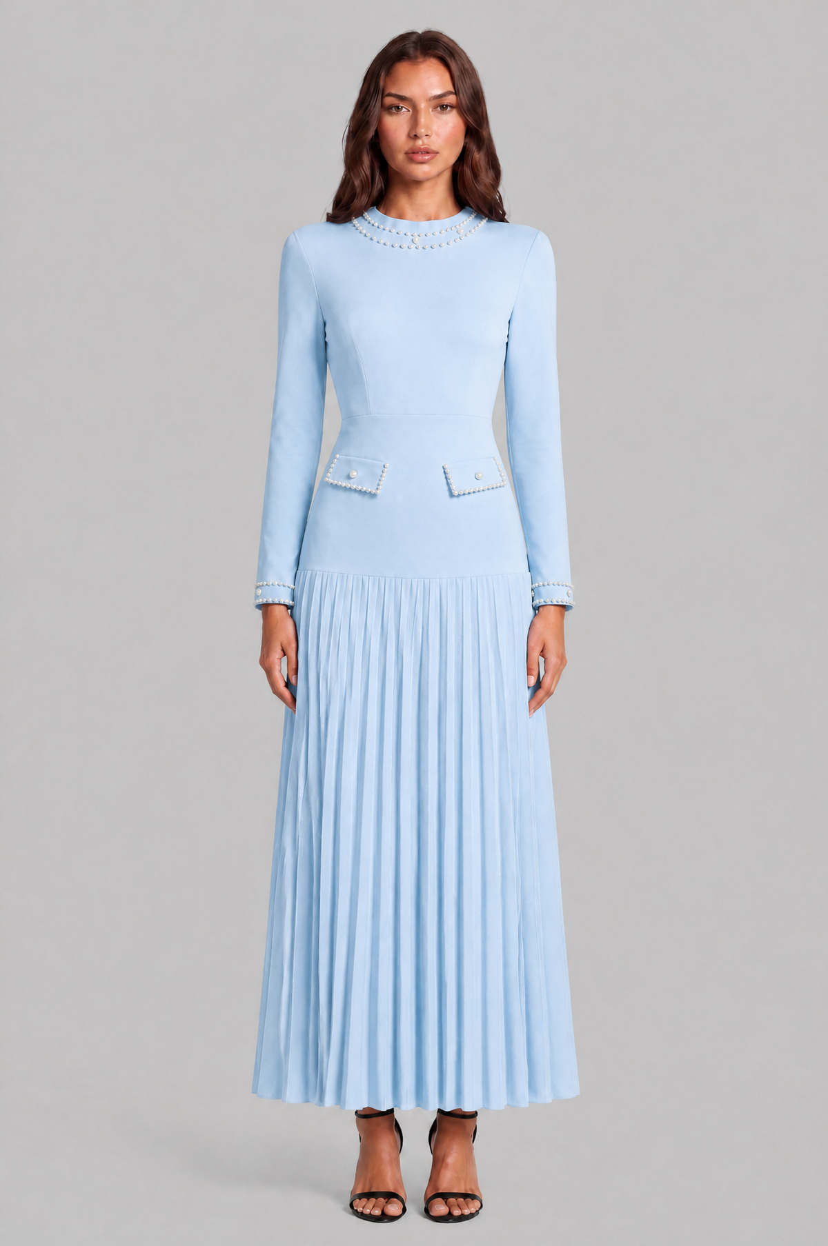 Pearl Trim Pleated Maxi Dress Audrey Calvero