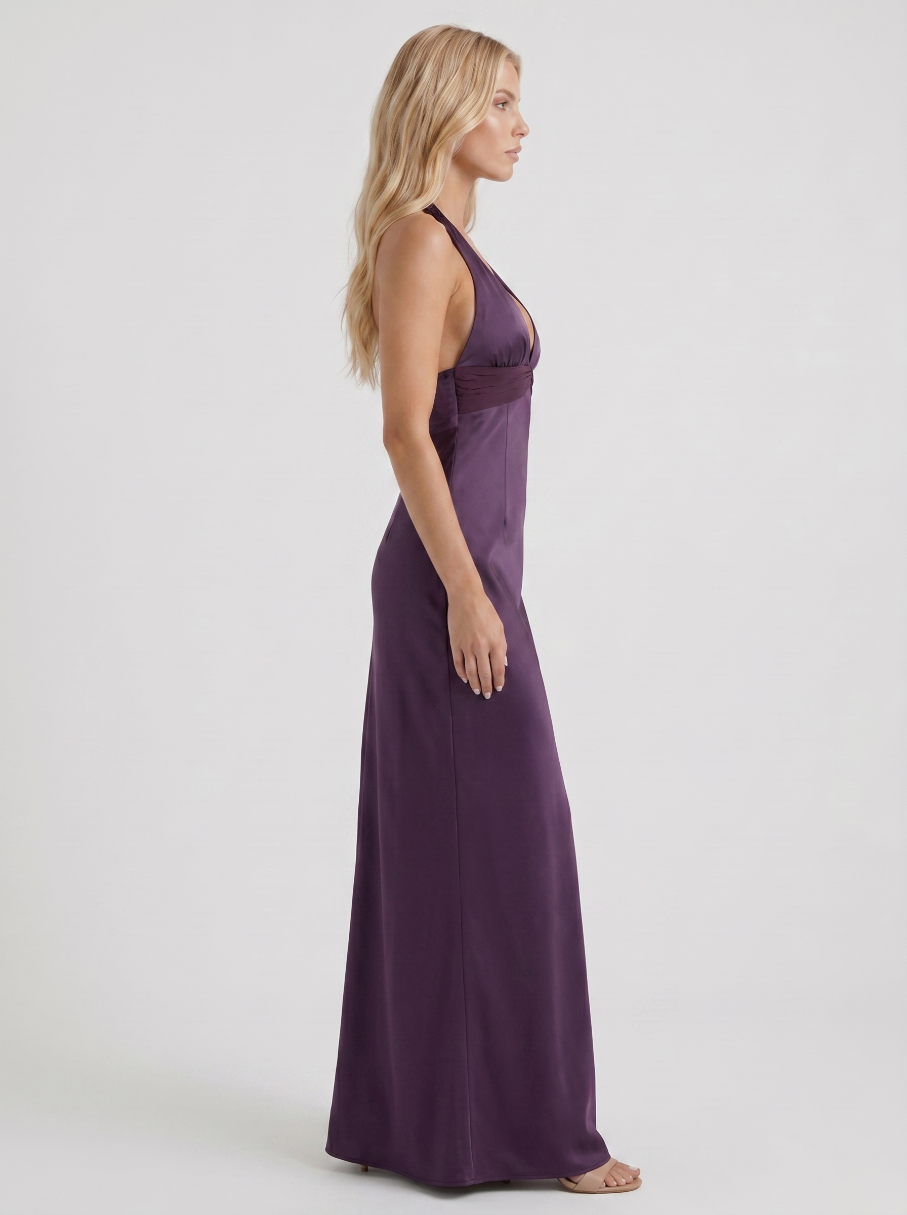 Saskia Halter V Plunge Satin Bodycon Maxi Dress - Purple Noor Laurent